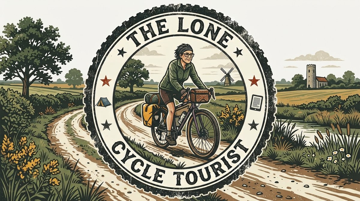The Lone Cycle Tourist badge: a cyclist with loaded panniers on a country track, with a windmill and church tower beyond